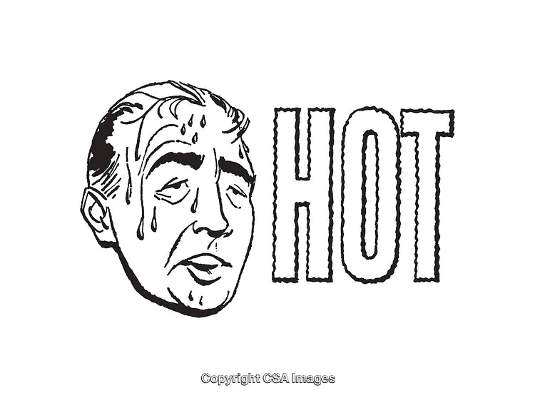 Black and White Illustration Featuring Sweating Man with Bold HOT Text