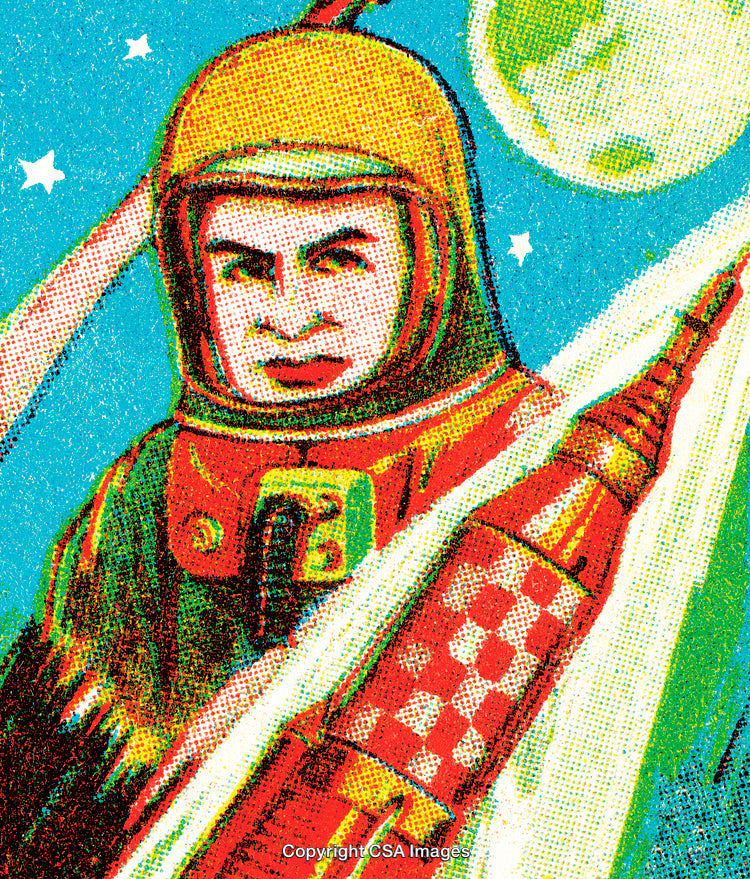 Vintage Illustration of an Astronaut in Space With a Rocket