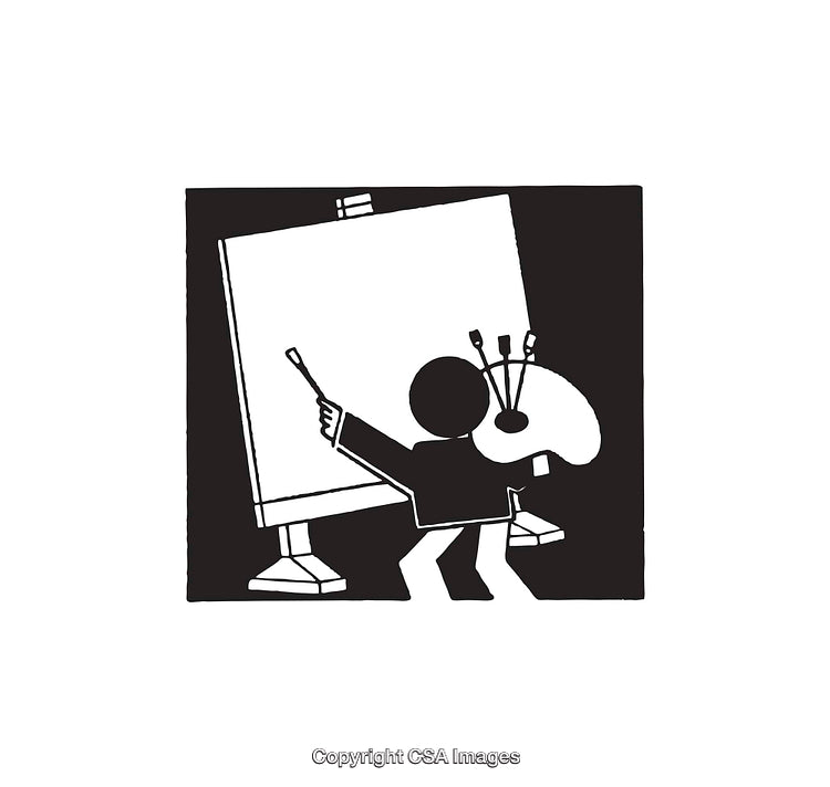 Minimalist Black and White Illustration of an Artist at Work on a Canvas