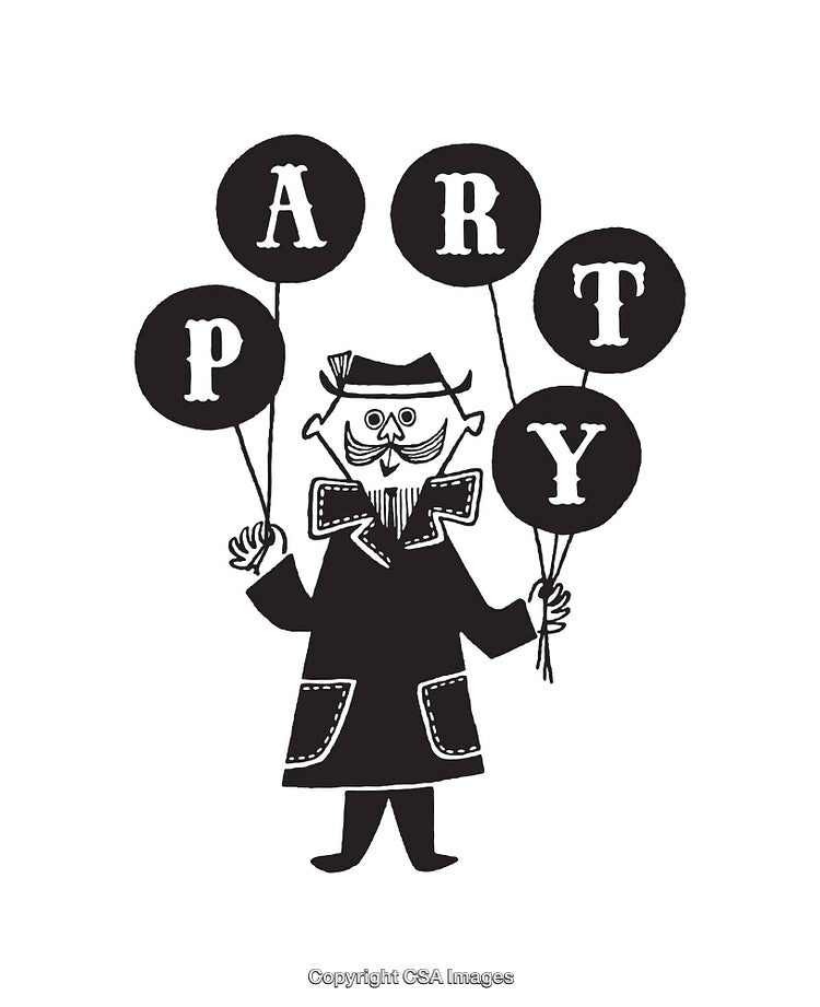 Festive Party Character Holding Balloons with Fun Black and White Design