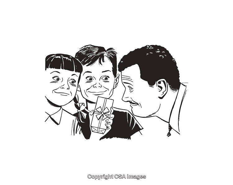 Black and White Illustration of Family Celebrating With Gift Exchange
