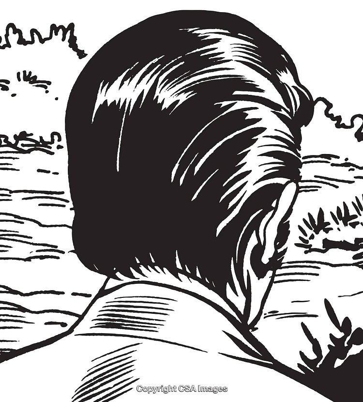 Black and White Illustration of a Man Facing a Scenic Landscape
