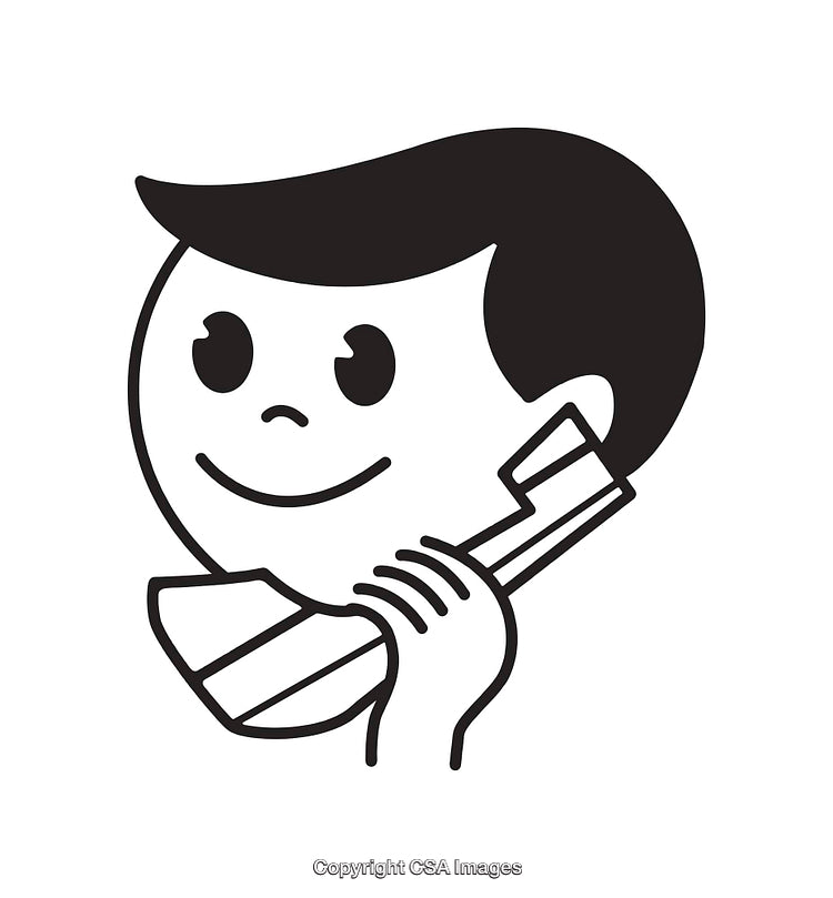 Black and White Line Art of a Child Talking on a Telephone