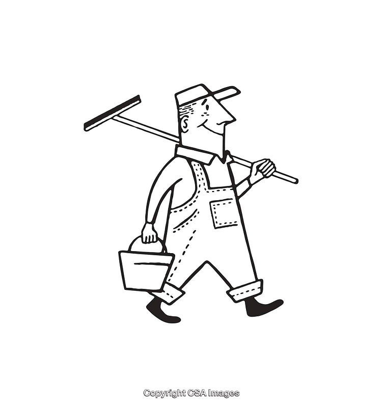 Black and White Illustration of a Worker Carrying Tools