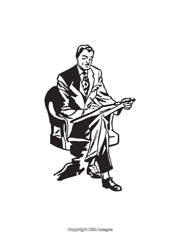 Black and White Illustration of a Man Sitting with a Pad and Pen