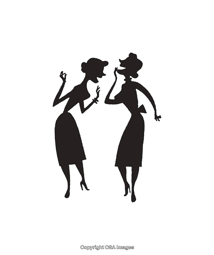 Silhouetted Illustration of Two Women Conversing in Black and White
