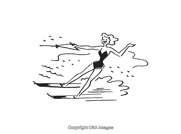 Black And White Sketch of a Woman Waterskiing with Joyful Expression