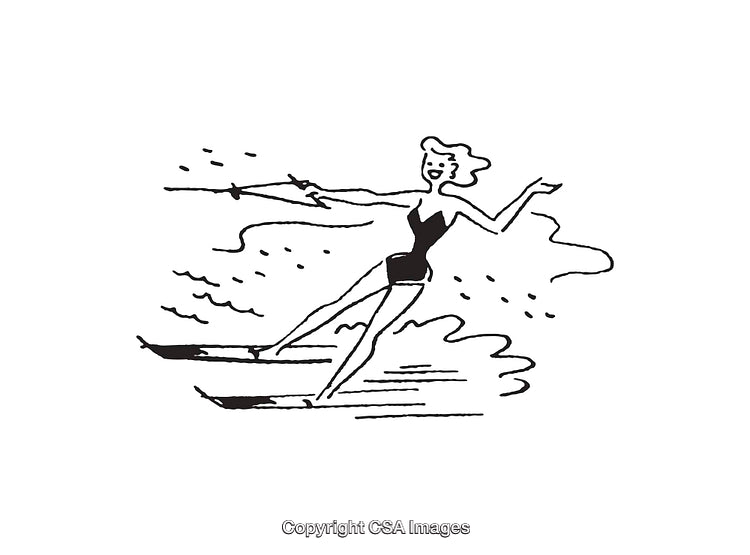 Black And White Sketch of a Woman Waterskiing with Joyful Expression