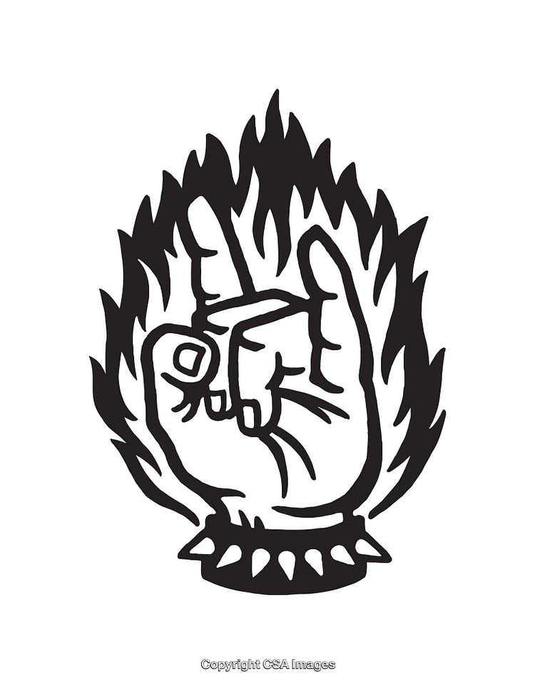 Black and White Illustration of a Rock Hand Symbol with Flames