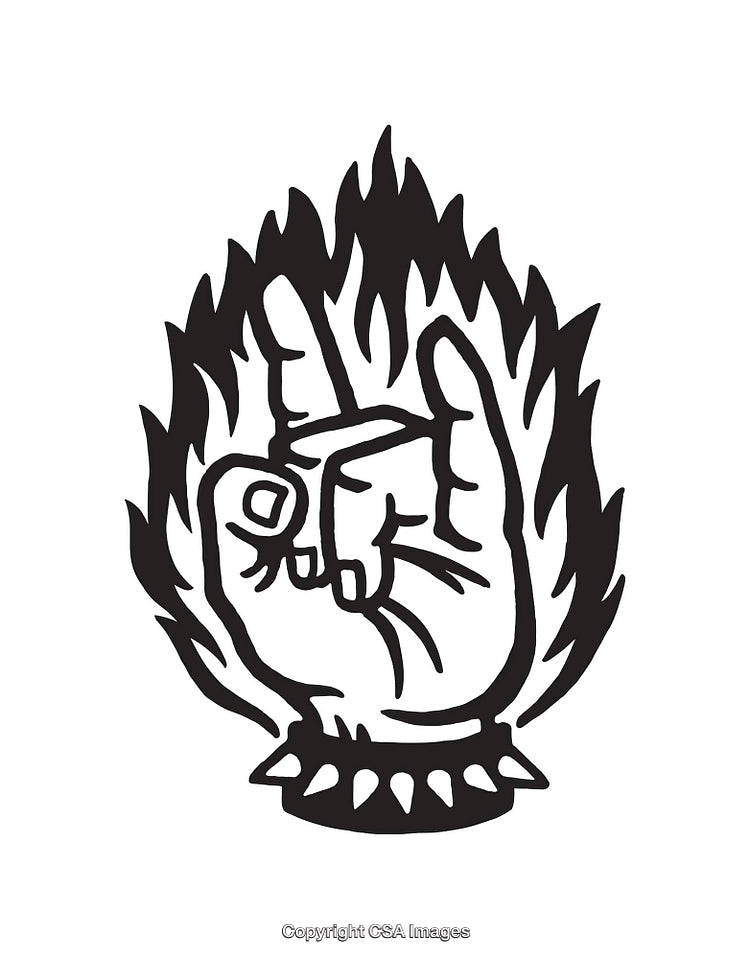 Black and White Illustration of a Rock Hand Symbol with Flames