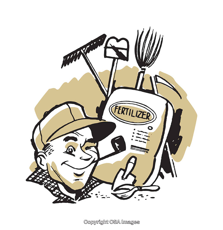 Illustrated Gardener with Lawn Supplies and Gardening Equipment