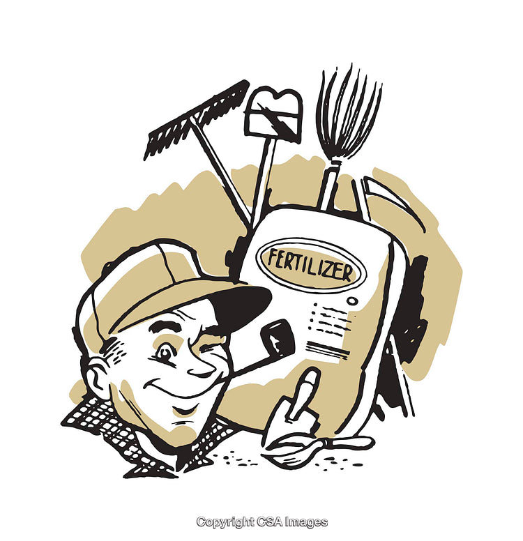 Illustrated Gardener with Lawn Supplies and Gardening Equipment