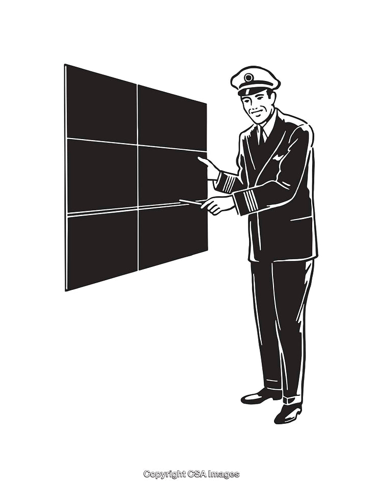 Vintage Captain Illustrating with Pointer on Grid Background in Black and White