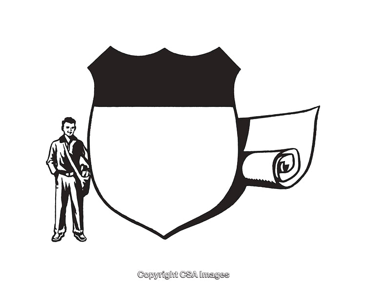 Black and White Line Art of a Shield and Student Illustration