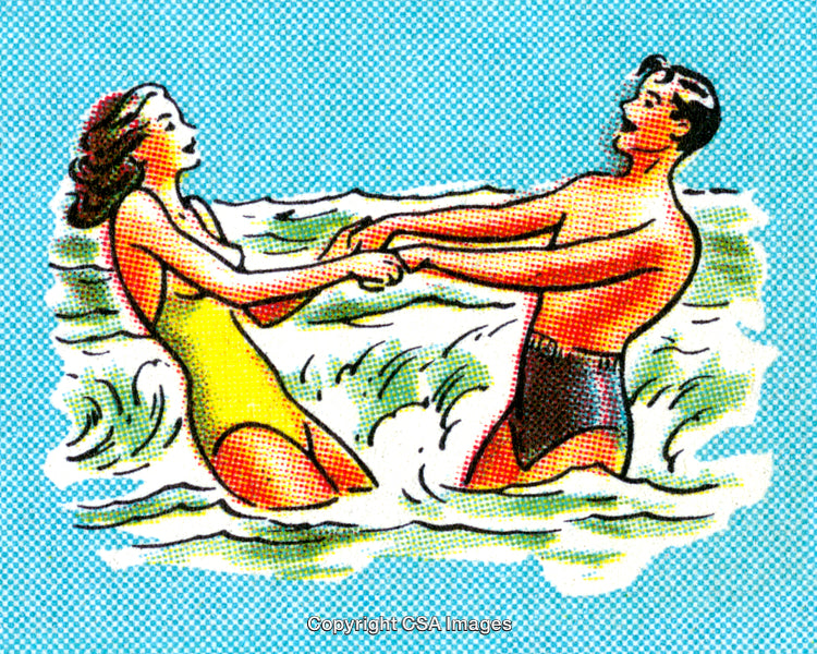 Retro Illustration of a Joyful Couple Playing in Ocean Waves