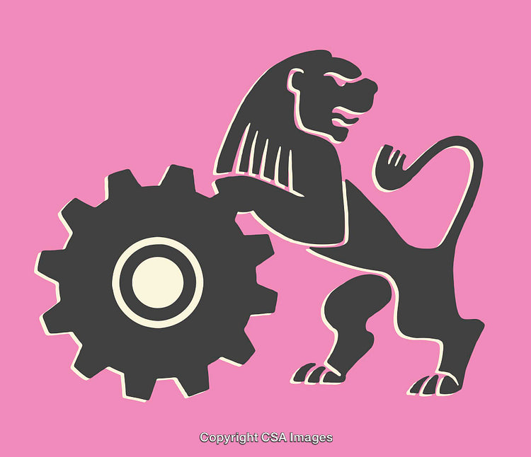 Stylized Lion Emblem Embracing a Gear on a Vibrant Pink Background