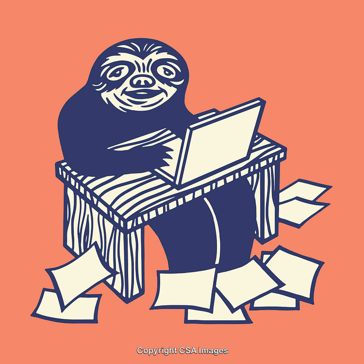 Funny Sloth Illustration Working at Desk with Papers and Laptop