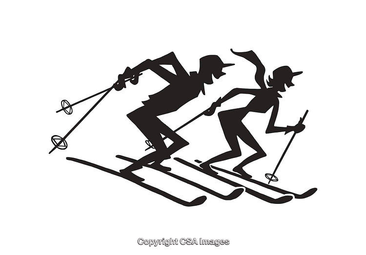 Black and White Illustration of Two Individuals Skiing Together