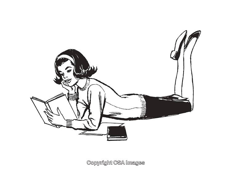 Black and White Line Art Illustration of Woman Reading a Book