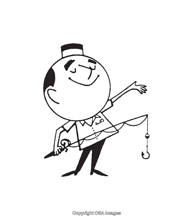 Playful Cartoon Chef Holding a Fishing Rod in Black and White Illustration
