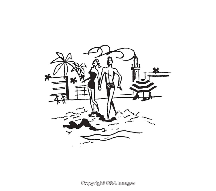 Illustration of a Couple Walking on the Beach Near Palm Trees