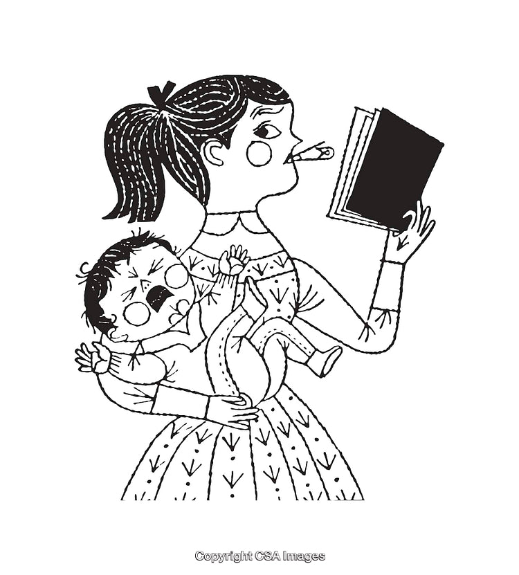 Monochrome Line Art of a Mother Juggling Tasks with Her Crying Child