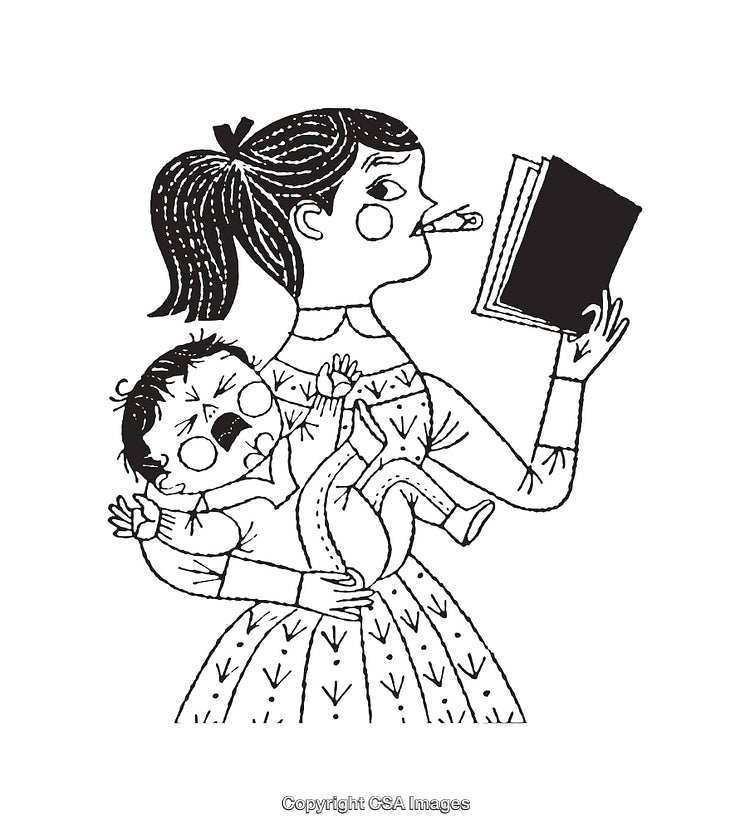 Monochrome Line Art of a Mother Juggling Tasks with Her Crying Child