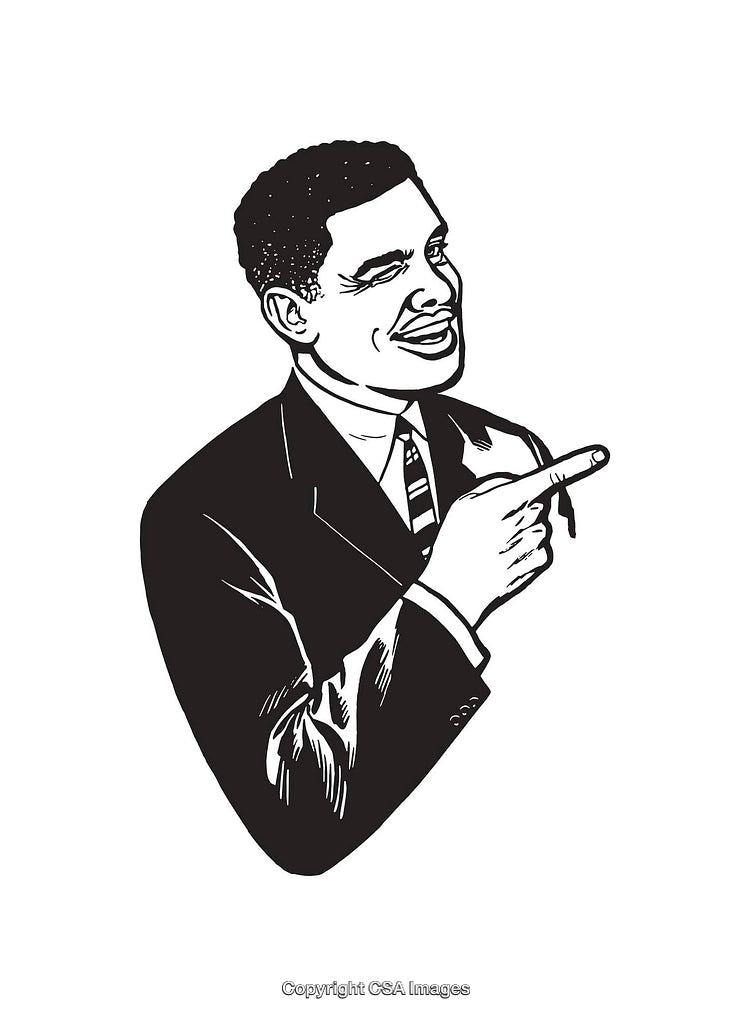 Retro Style Black and White Male Portrait Illustration with Pointing Gesture
