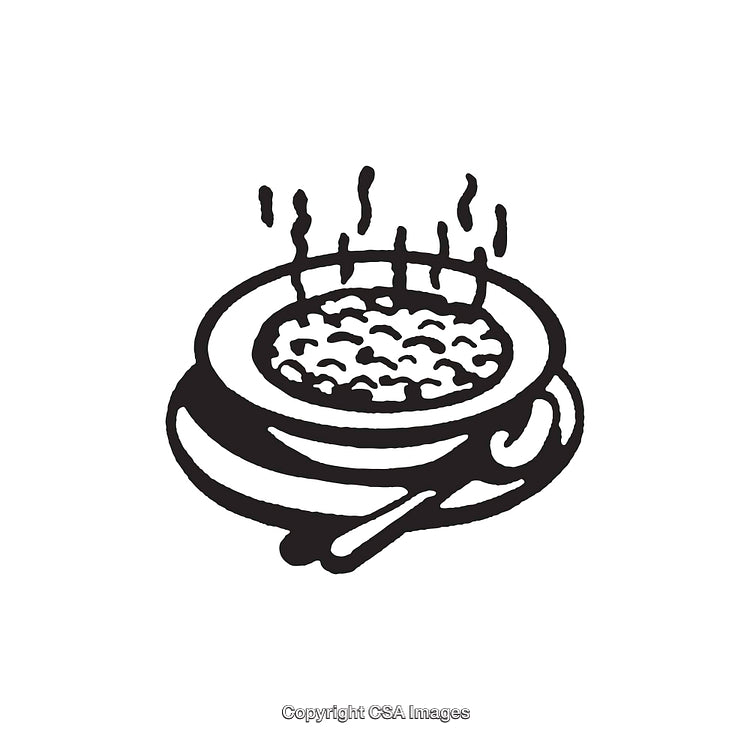 Black and White Illustration of a Steaming Bowl of Food and Spoon