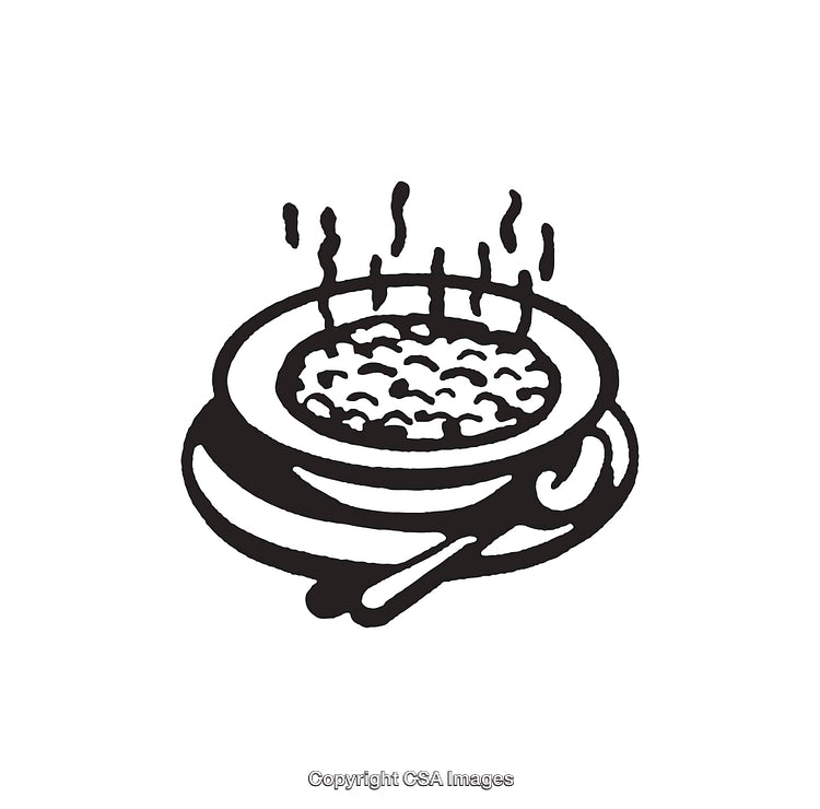 Black and White Illustration of a Steaming Bowl of Food and Spoon