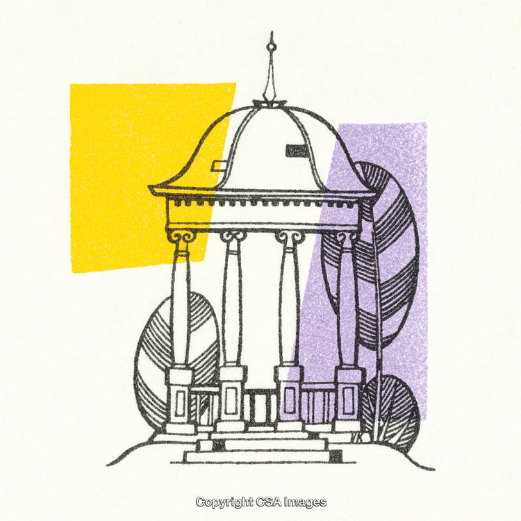 Artistic Illustration of a Pavilion with Colorful Background Elements