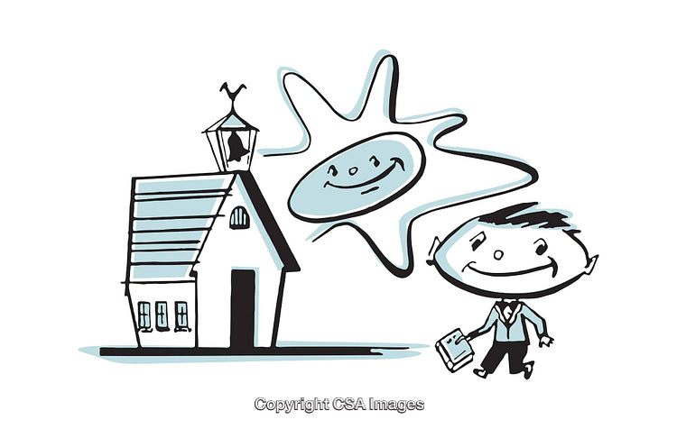 Playful Cartoon of a School, Child, and Smiling Sun Illustration