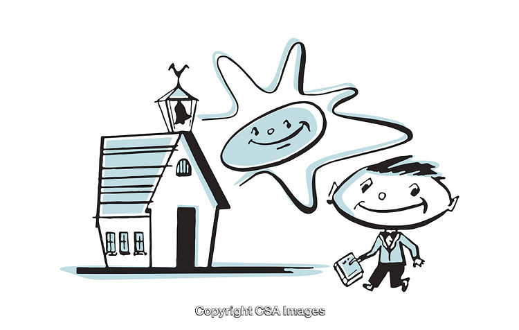 Playful Cartoon of a School, Child, and Smiling Sun Illustration
