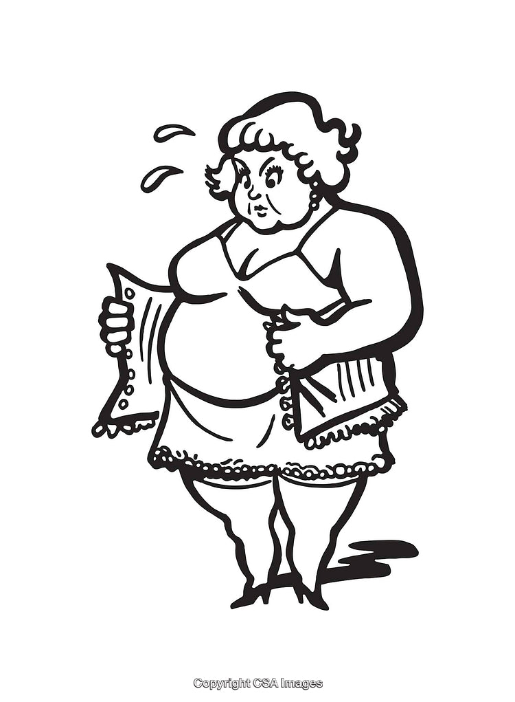 Vintage Line Art of a Woman Fanning Herself in Black and White