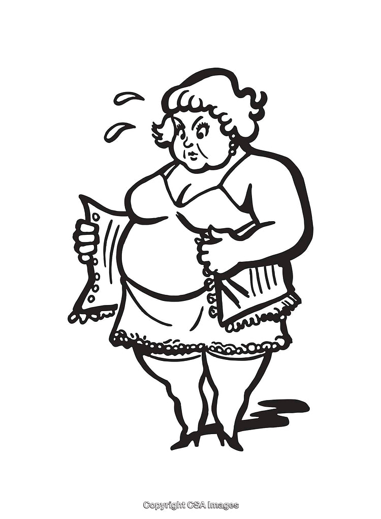 Vintage Line Art of a Woman Fanning Herself in Black and White