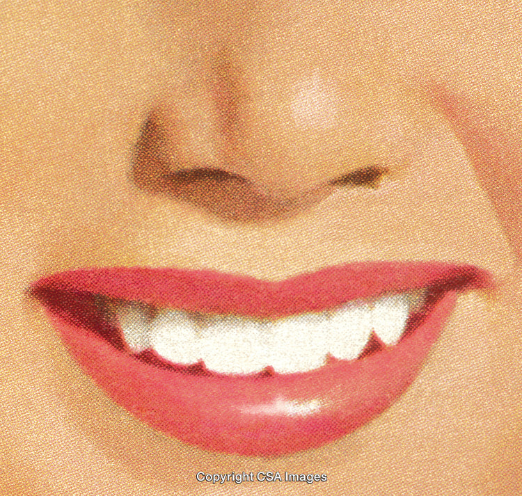 Vintage Close-Up of Female Smile with Red Lips in Halftone Style