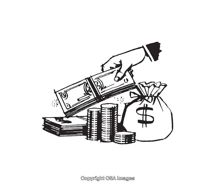 Black and White Line Art Depicting Money and Wealth Symbols
