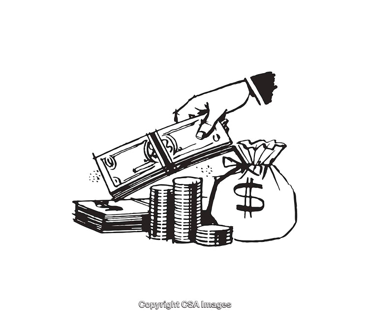 Black and White Line Art Depicting Money and Wealth Symbols
