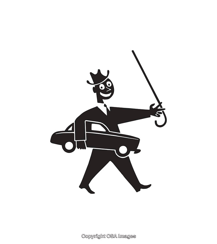 Vintage Black and White Illustration of a Happy Cartoon Character with a Car