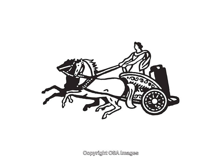 Black and White Line Art Illustration of a Chariot with Horse Rider