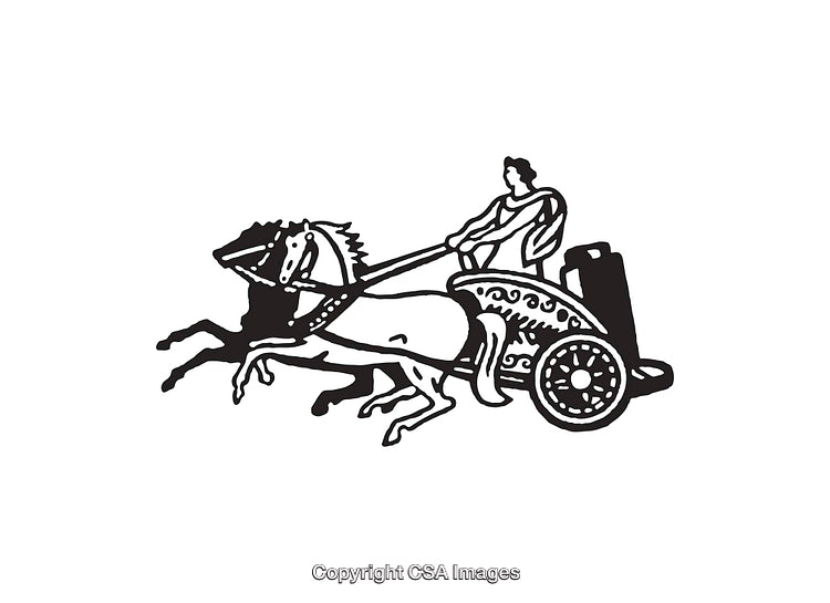 Black and White Line Art Illustration of a Chariot with Horse Rider