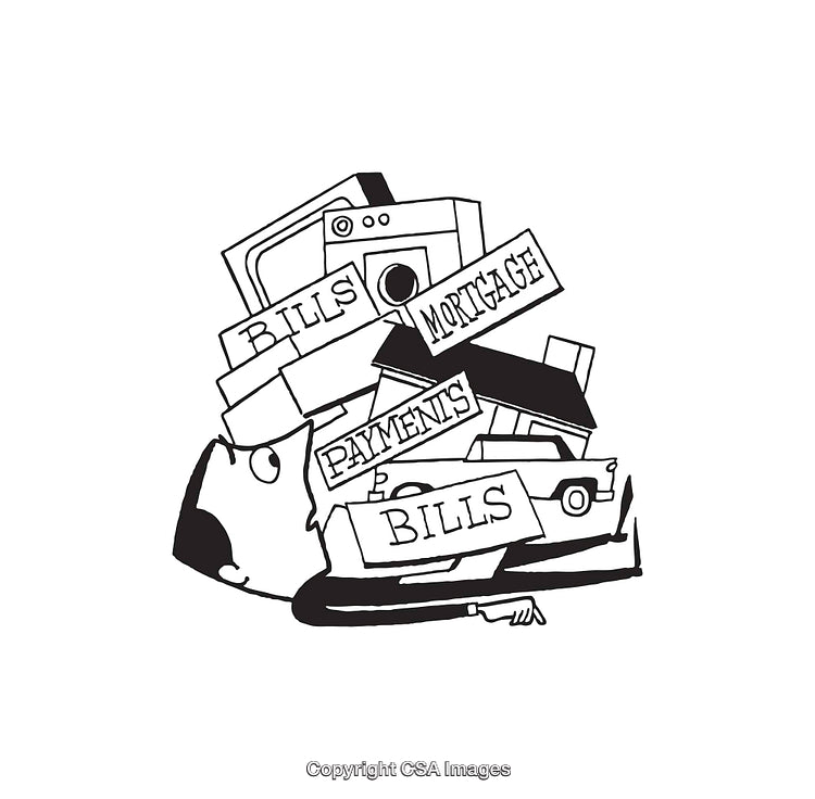 Illustration Depicting Financial Stress with Bills and Mortgages Overwhelming a Person