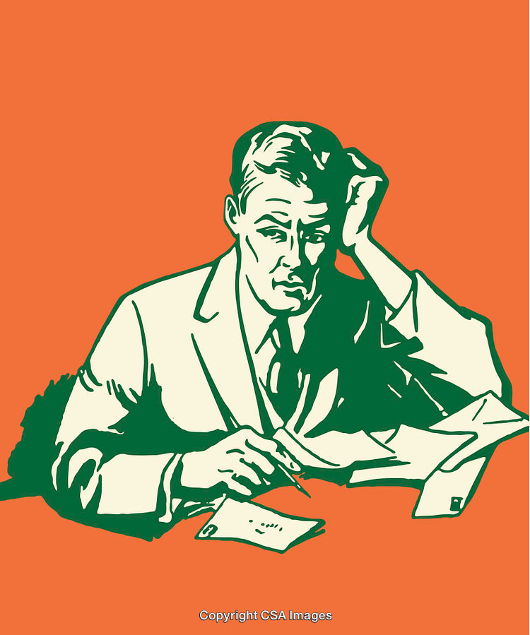 Thoughtful Businessman Writing Notes in Vintage Line Art Style