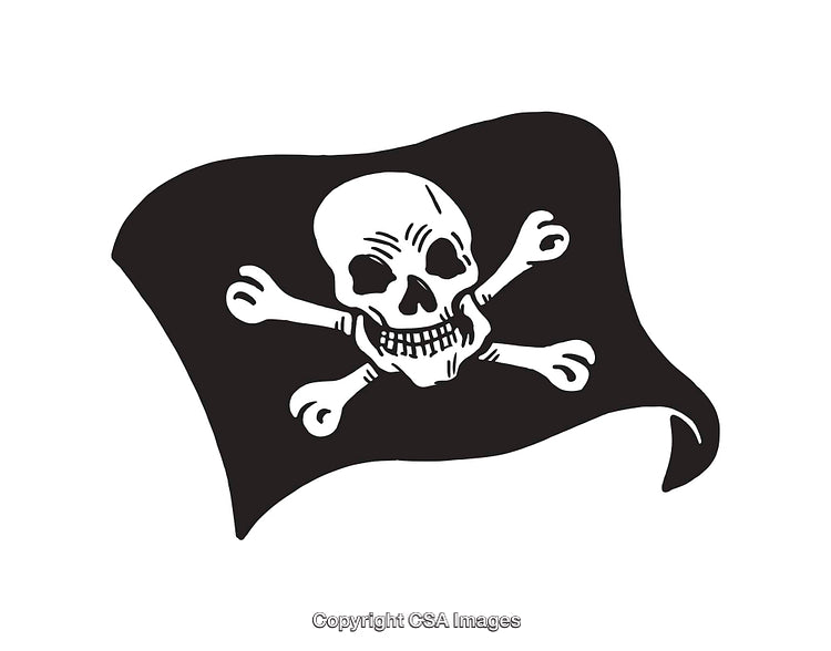 Black and White Pirate Flag Illustration with Skull and Crossbones