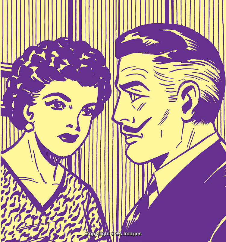 Retro-Style Illustration of a Man and Woman in Thoughtful Conversation