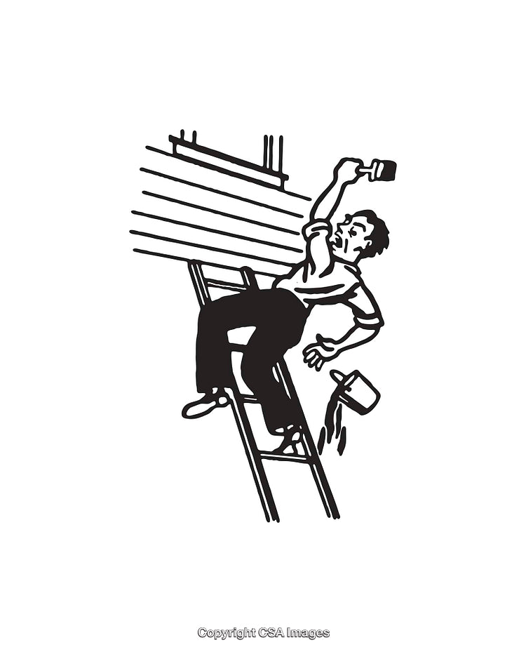 Line Art Illustration of Painter on Ladder Spilling Paint