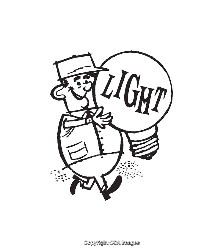 Cartoon Workman Carrying a Gigantic Light Bulb with Word 'Light'