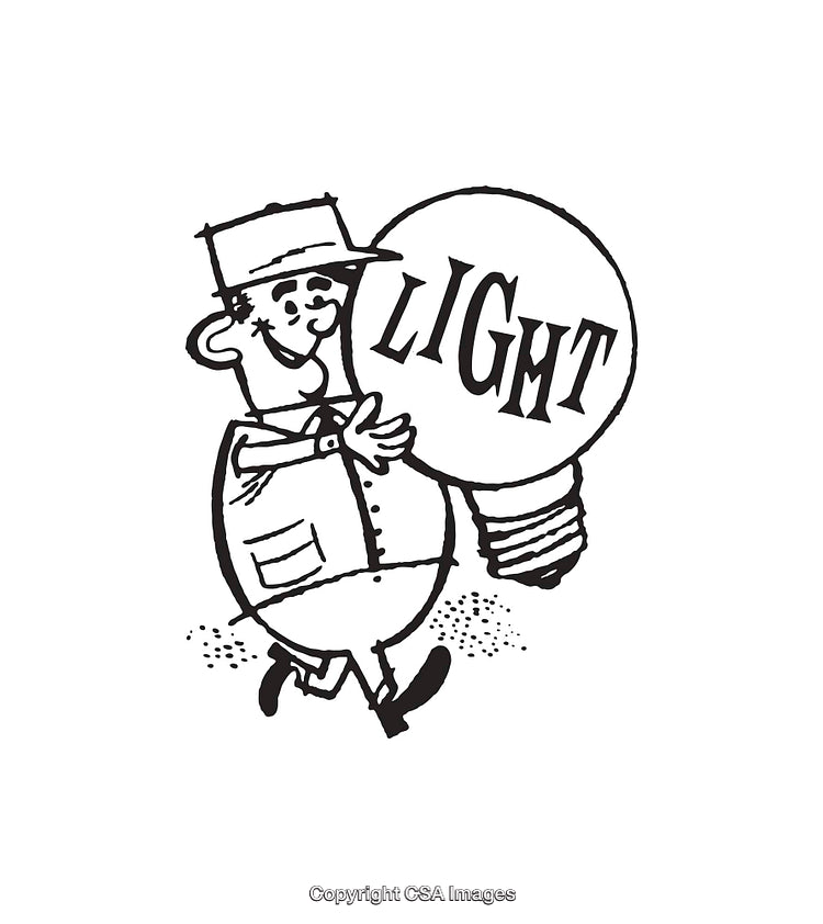 Cartoon Workman Carrying a Gigantic Light Bulb with Word 'Light'