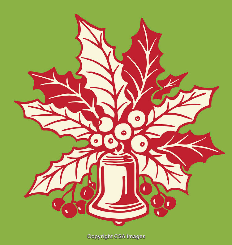 Festive Holly and Bell Design in Traditional Holiday Colors