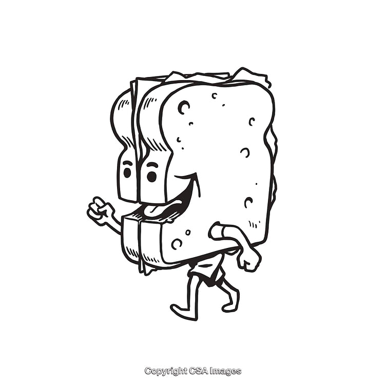 Black and White Line Art Illustration Featuring a Walking Sandwich Cartoon Character